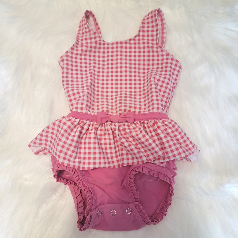 Ruffle Butts girls one piece swimsuit, pink gi gham peplum
